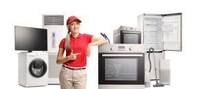 A Warranty Service Agent pointing at a stove